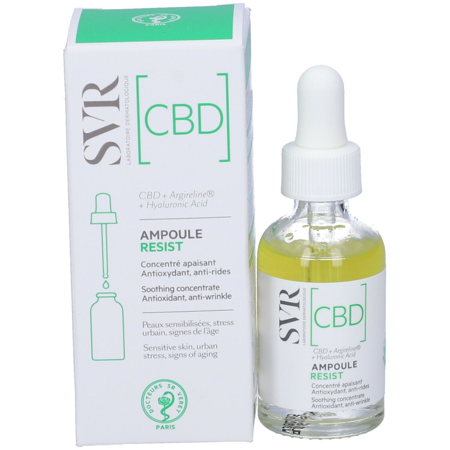 Prodotto con flacone in vetro, pipetta e confezione. Scritte: SVR, CBD, Ampoule Resist. Contiene CBD, Arginina e Acido Ialuronico.