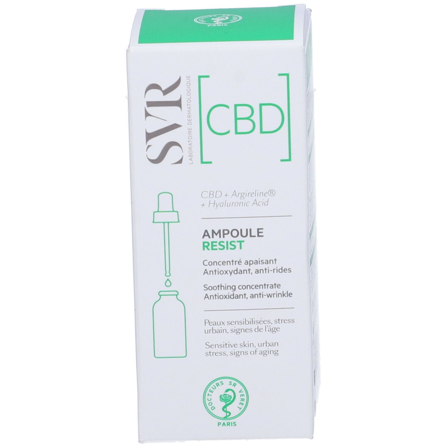Prodotto con confezione. Scritte: SVR, CBD, Ampoule Resist. Contiene CBD, Arginina e Acido Ialuronico. Logo.