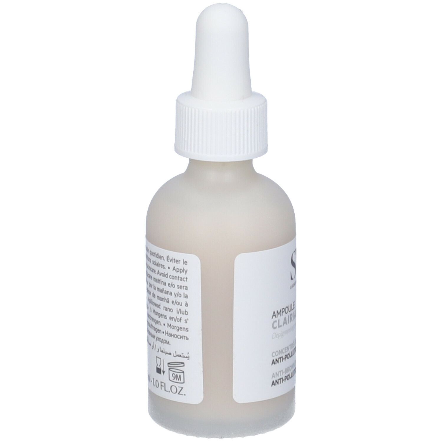 SVR CLAIRIAL Ampulle. Weiße Flasche mit Pipette. Text auf Etikett. Informationen zur Anwendung.
