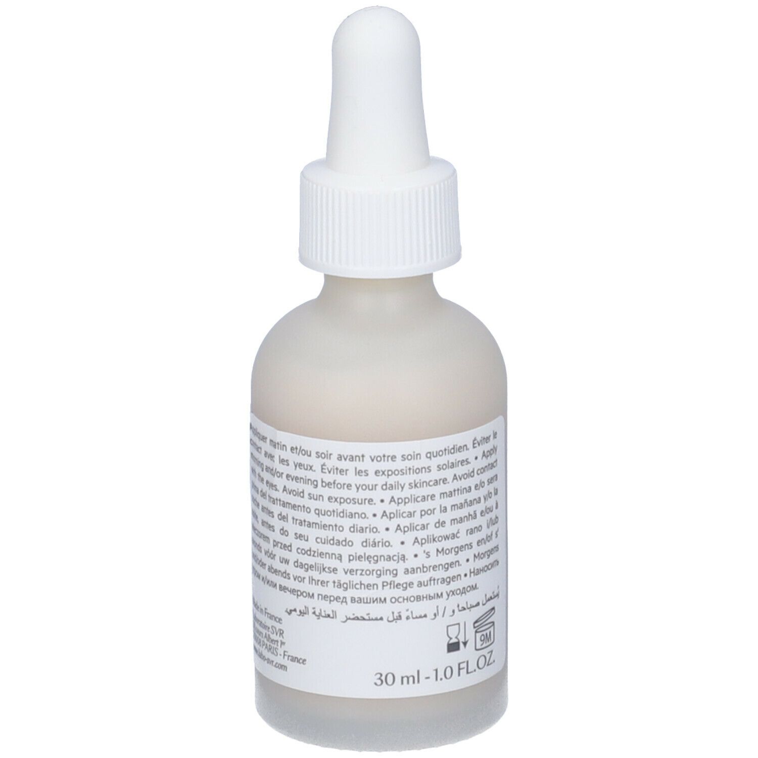 SVR CLAIRIAL Ampulle. Weiße Flasche mit Pipette. Text auf Etikett. Informationen zur Anwendung.
