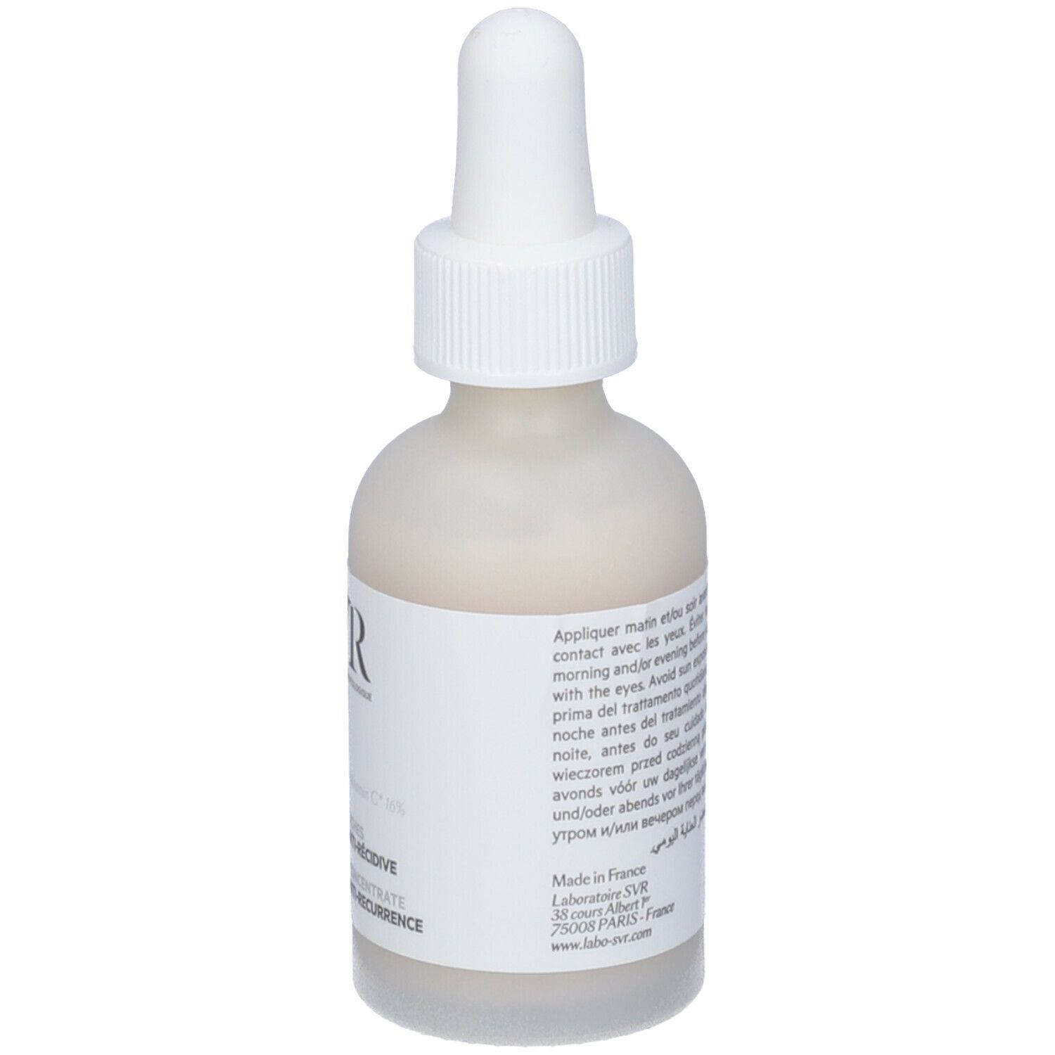 SVR CLAIRIAL Ampulle. Weiße Flasche mit Pipette. Text auf Etikett. Informationen zur Anwendung.