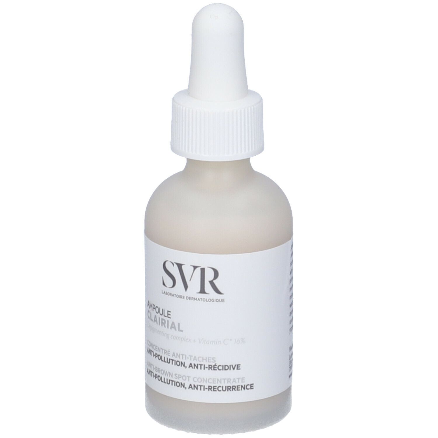 SVR CLAIRIAL Ampulle. Weiße Flasche mit Pipette. Aufschrift: CLAIRIAL, Anti-Flecken-Konzentrat.