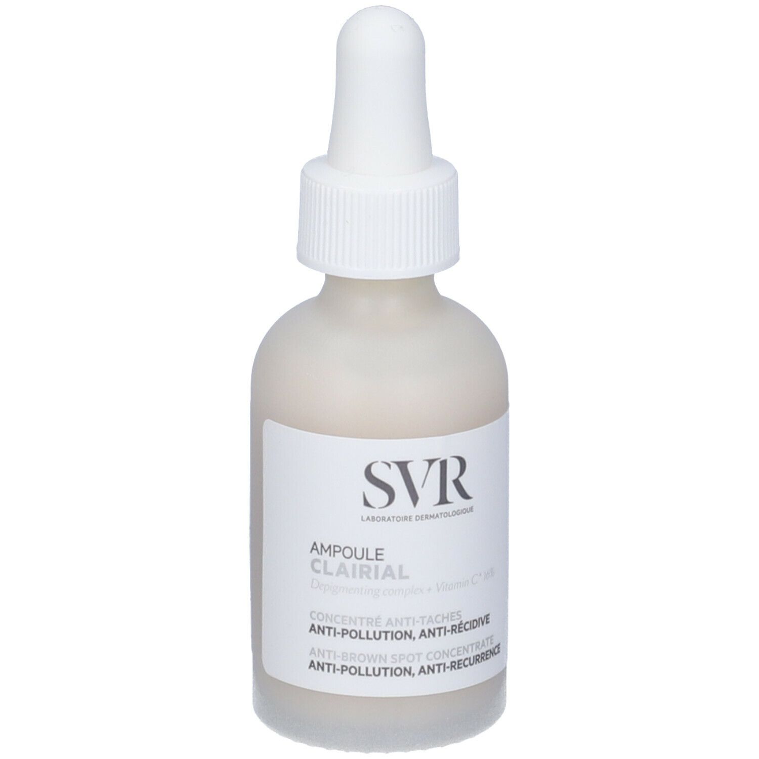 SVR CLAIRIAL Ampulle. Weiße Flasche mit Pipette. Aufschrift: CLAIRIAL, Anti-Flecken-Konzentrat.