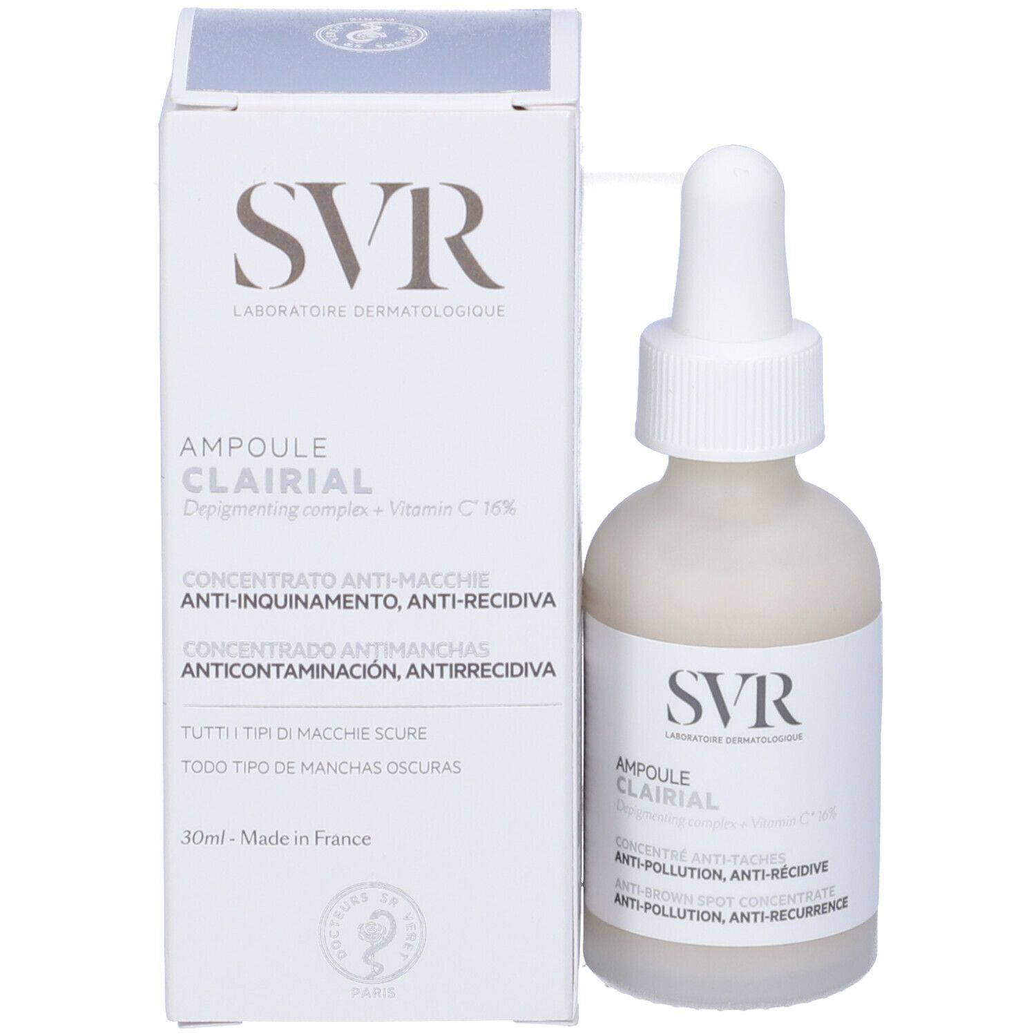 SVR CLAIRIAL Ampulle und Verpackung. Weiße Flasche mit Pipette und Karton. Aufschrift: CLAIRIAL.