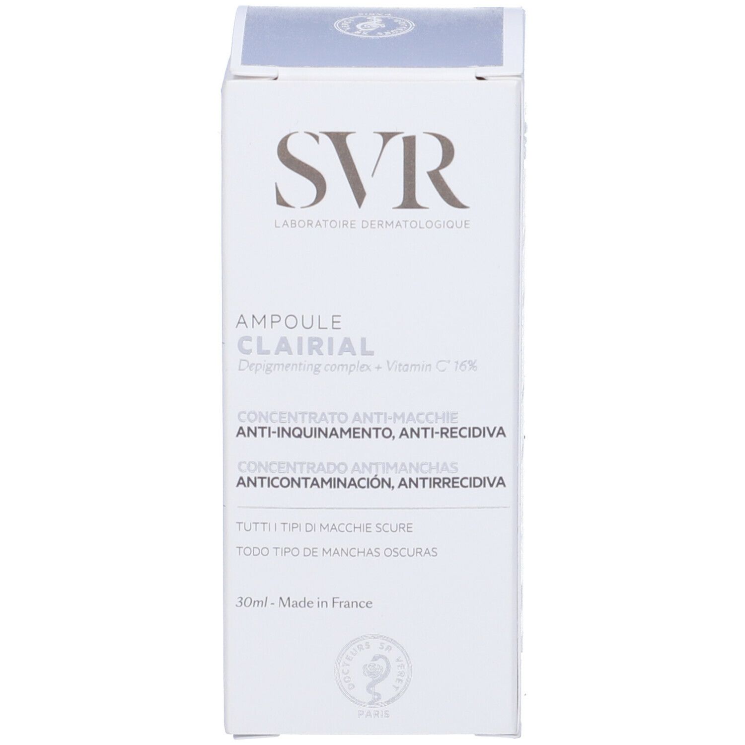 SVR CLAIRIAL Verpackung. Weiße Schachtel mit Aufschrift: CLAIRIAL, Anti-Flecken-Konzentrat.