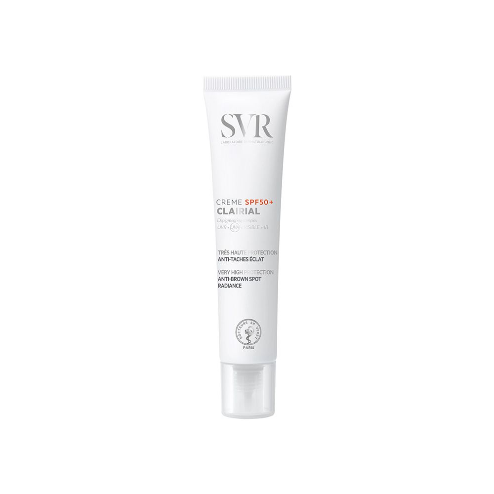 Tubo bianco con logo SVR e nome del prodotto CLAIRIAL Creme SPF 50+. Testo in francese.
