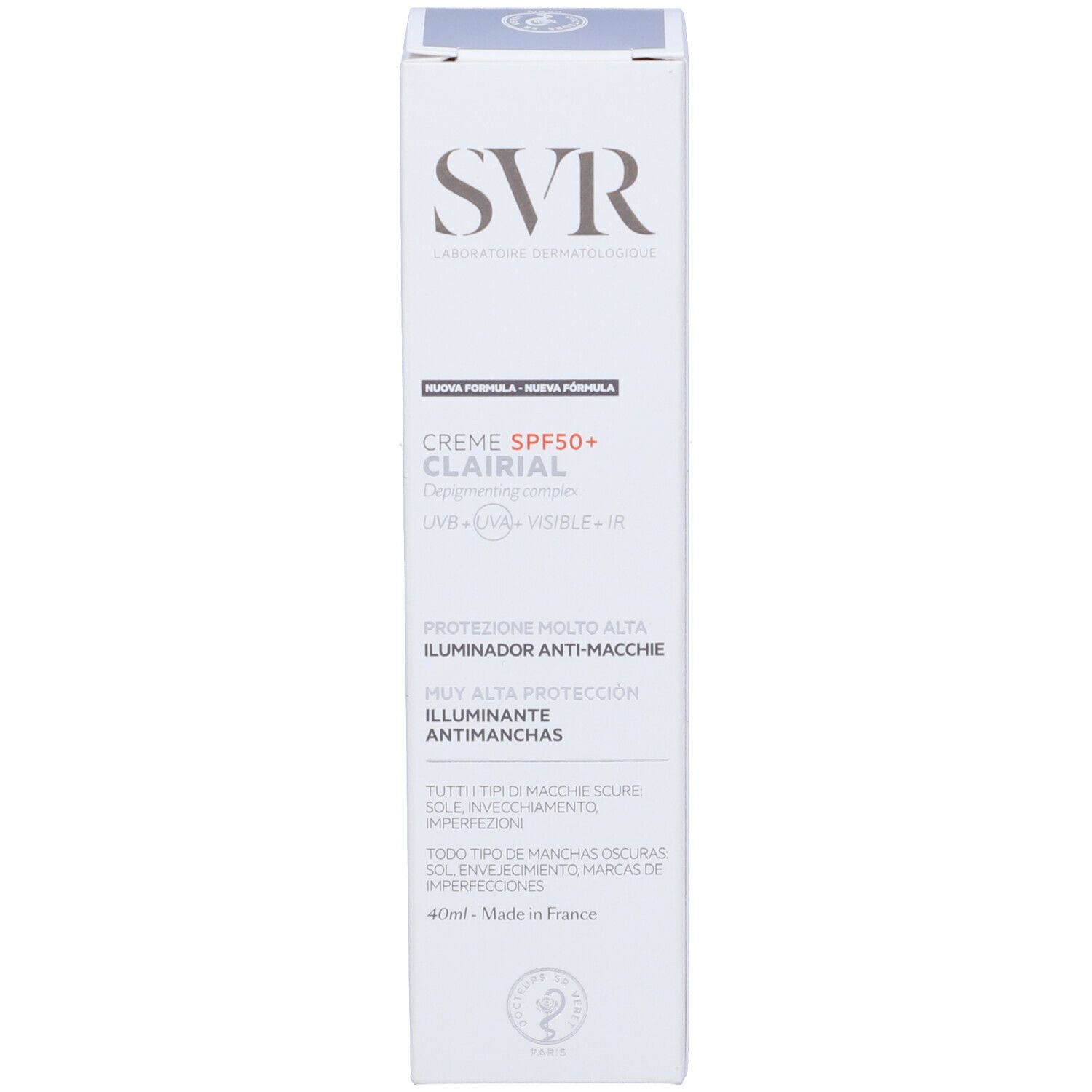 Confezione bianca con logo SVR e nome del prodotto CLAIRIAL Creme SPF 50+. Testo multilingue.