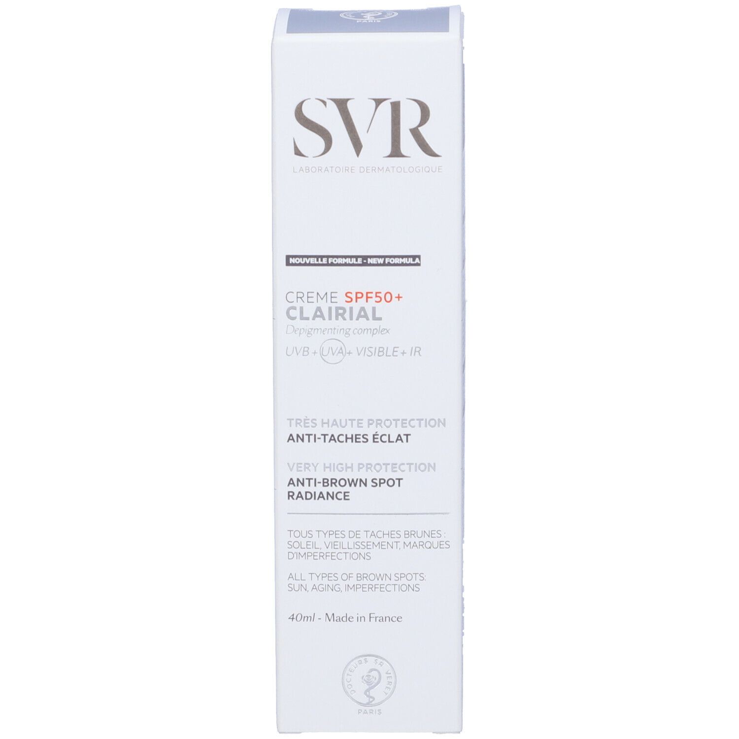 Confezione bianca con logo SVR e nome del prodotto CLAIRIAL Creme SPF 50+. Testo multilingue.