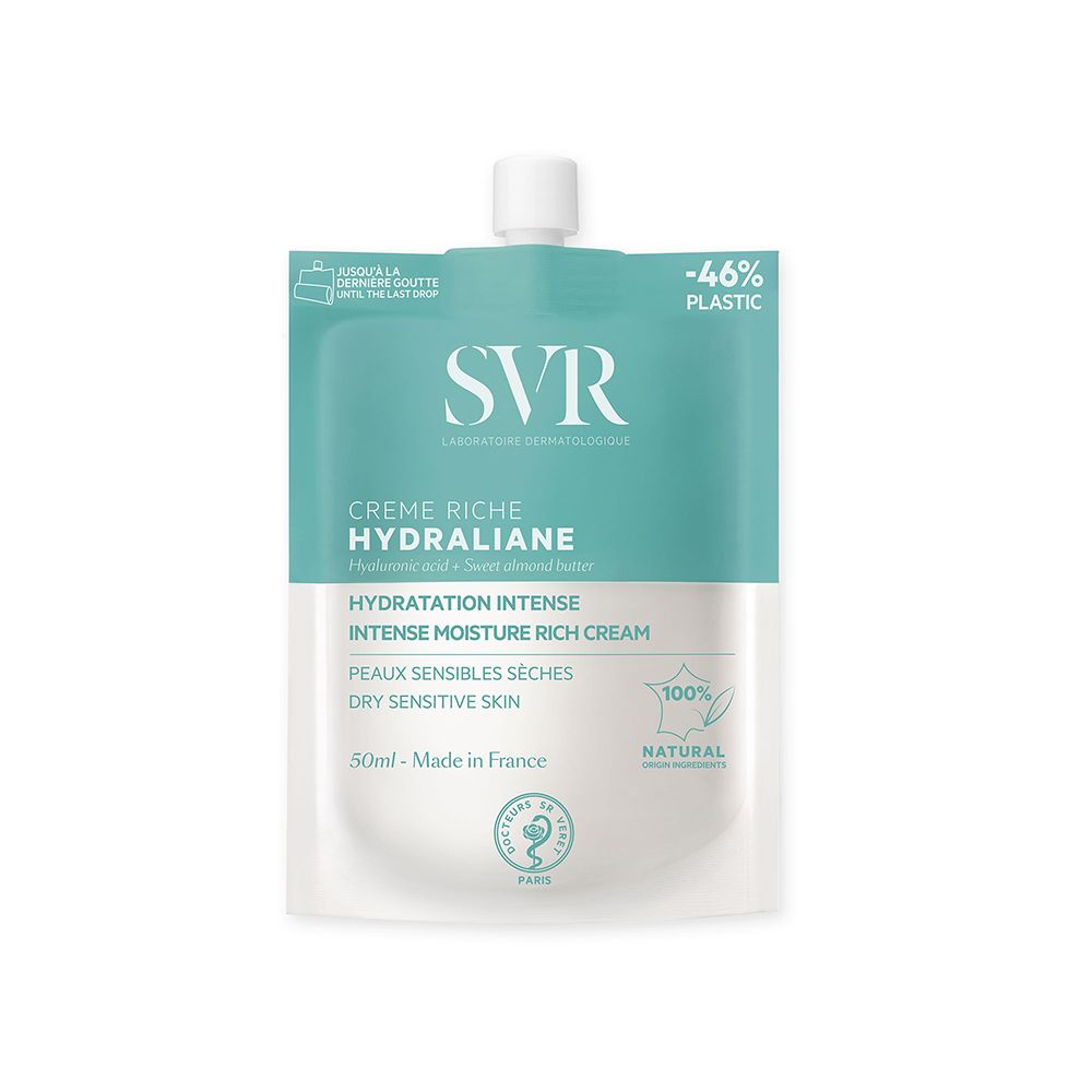 SVR Hydraliane Intense Moisture Cream. Confezione bianca e turchese. Testo: Creme Riche Hydraliane, Intense Moisture Rich Cream. Per pelli sensibili secche.