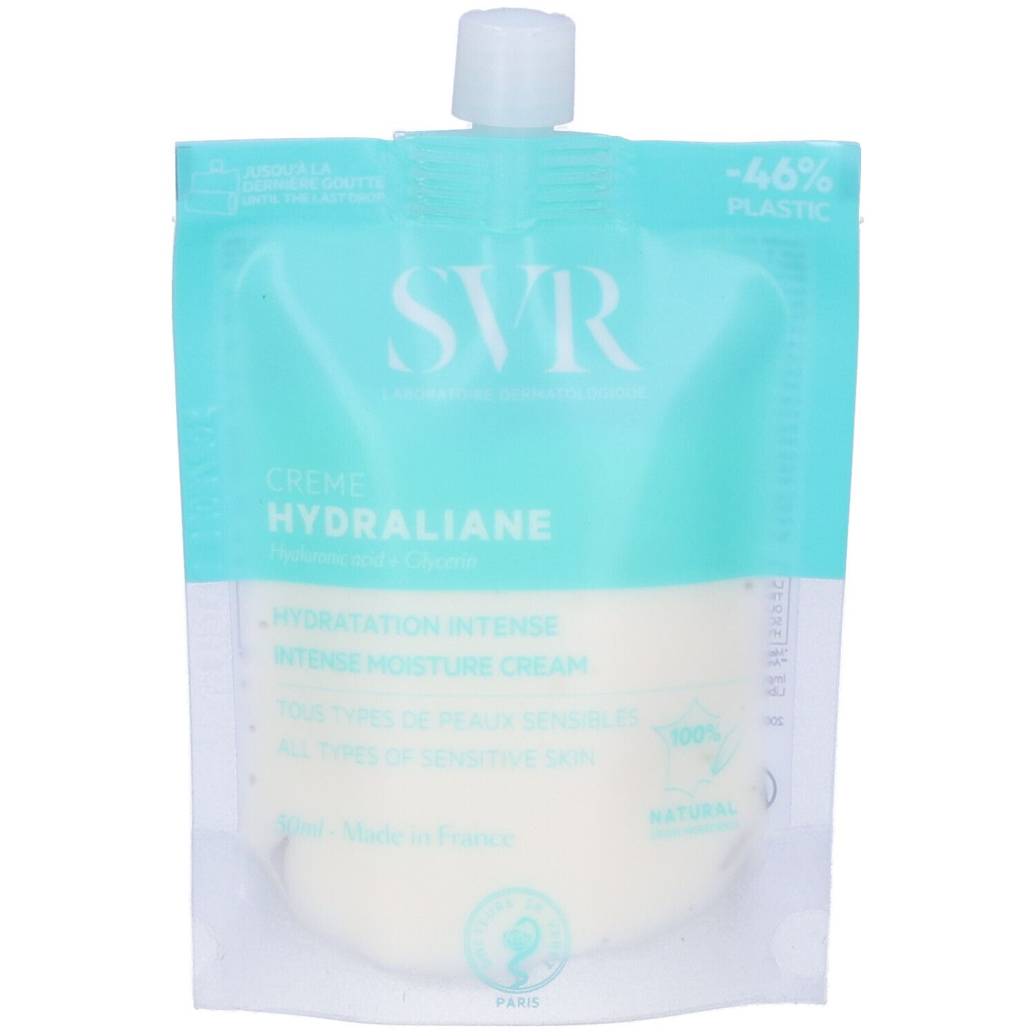 SVR Hydraliane Intense Moisture Cream. Confezione bianca e turchese. Testo: Creme Hydraliane, Intense Moisture Cream. Per tutti i tipi di pelle sensibile.