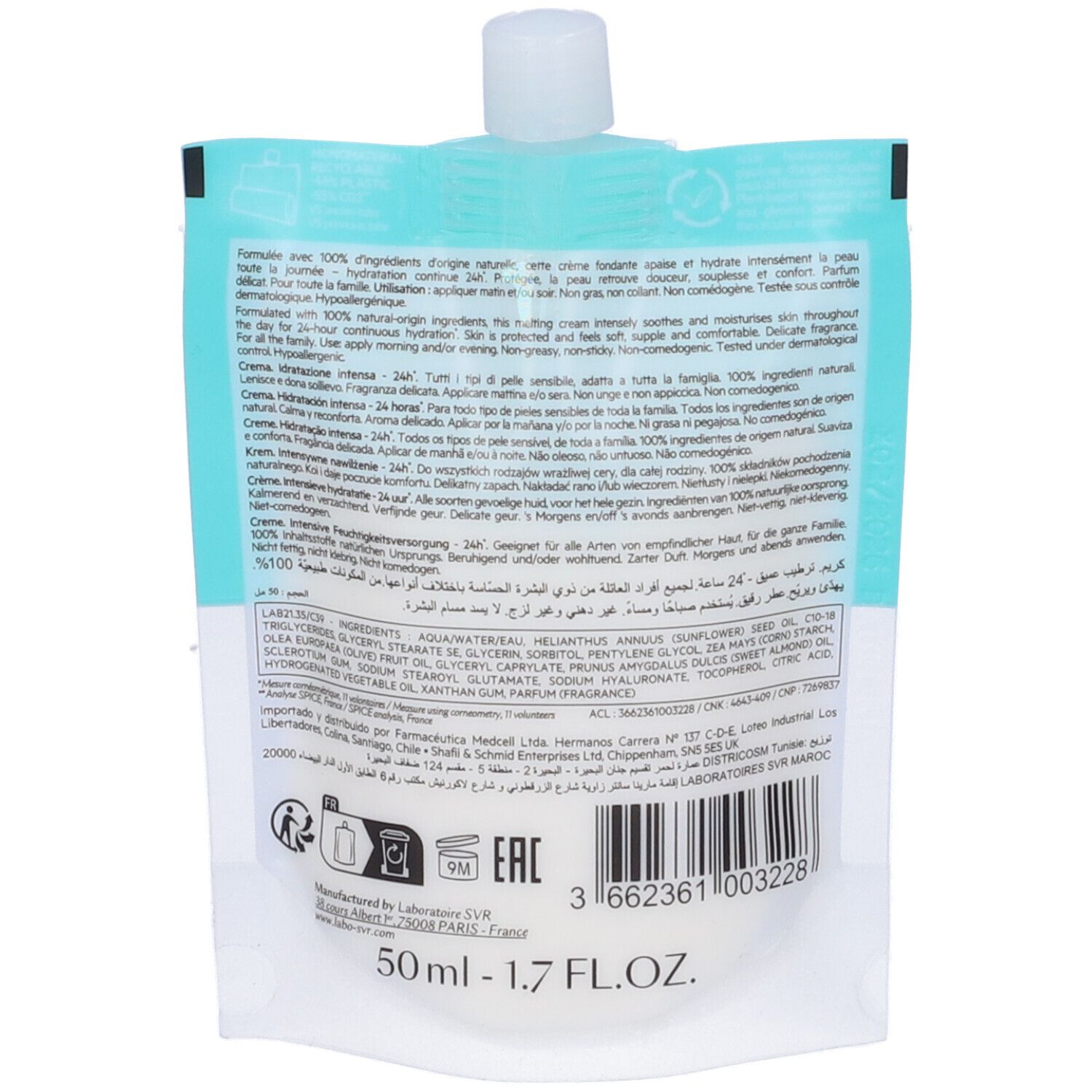 Retro di SVR Hydraliane Intense Moisture Cream. Testo: Ingredienti, 50ml, 1.7 FL.OZ. Certificazioni e loghi. Prodotto in Francia.