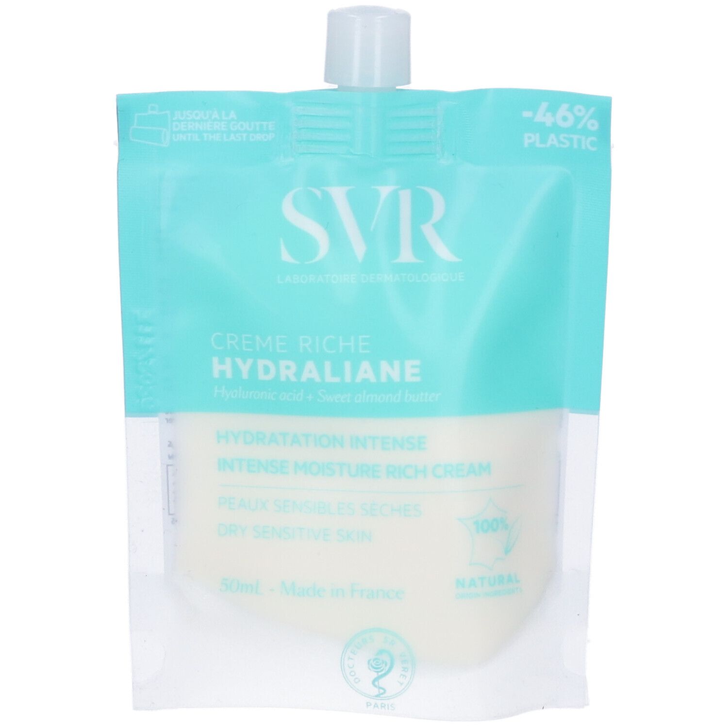 SVR Hydraliane Creme Riche. Confezione a sacchetto bianca e azzurra. Testo: Hydratation Intense, Peaux Sensibles Seches. 50ml.