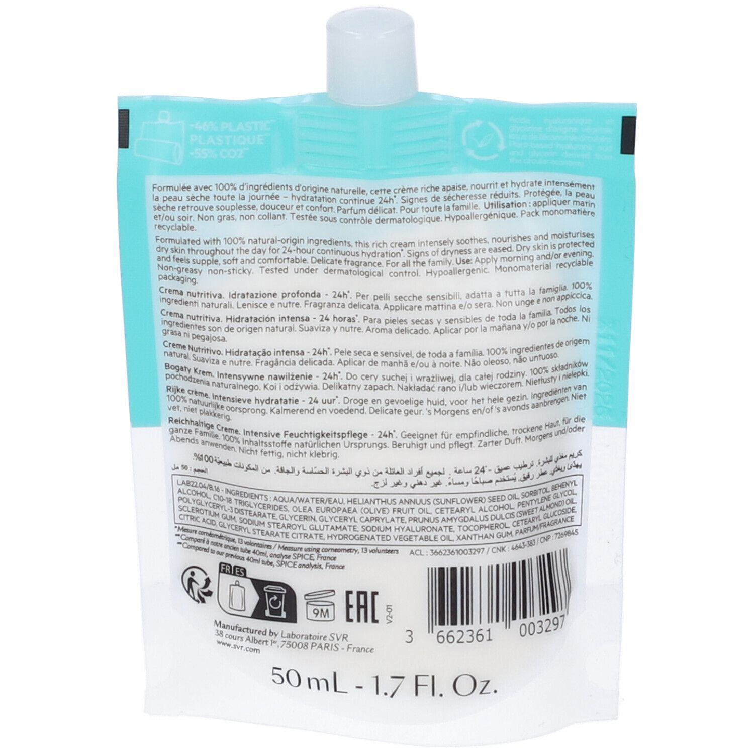 Retro SVR Hydraliane Creme Riche. Testo multilingue. Ingredienti, 50ml, codice a barre, logo. Confezione bianca.