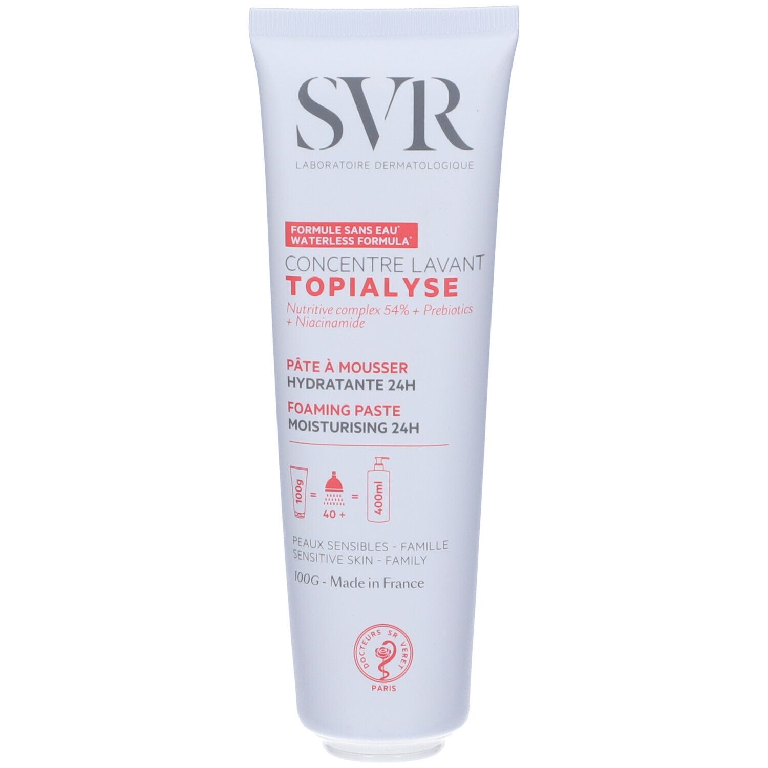 Tubo bianco SVR. 'TOPIALYSE Concentré Lavant'. Complesso nutriente 94%. Pasta schiumogena idratante 24H. 100g. Prodotto in Francia.