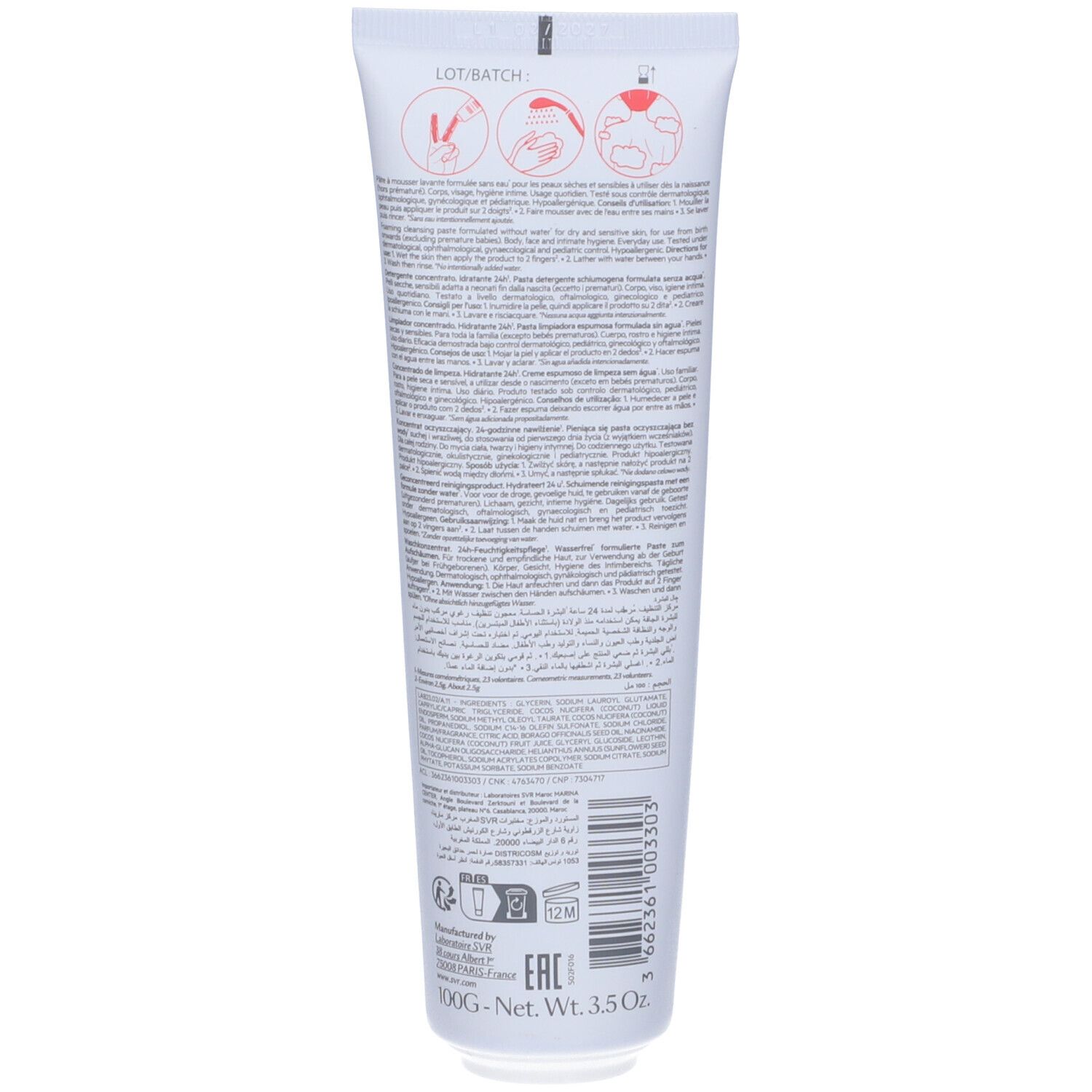 Retro del tubo bianco. Testo e simboli. 100g. Peso netto 3,5 oz. Codice EAN. Prodotto in Francia.