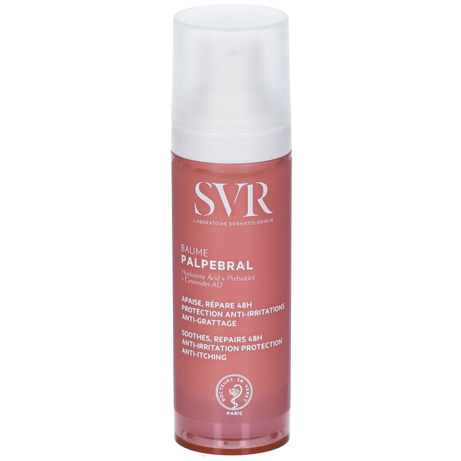 Rosa Flasche mit weißem Deckel. Aufschrift SVR, Baume Palpebral. Text: Apaise, Répare 48H, Protection Anti-Irritations, Anti-Grattage.