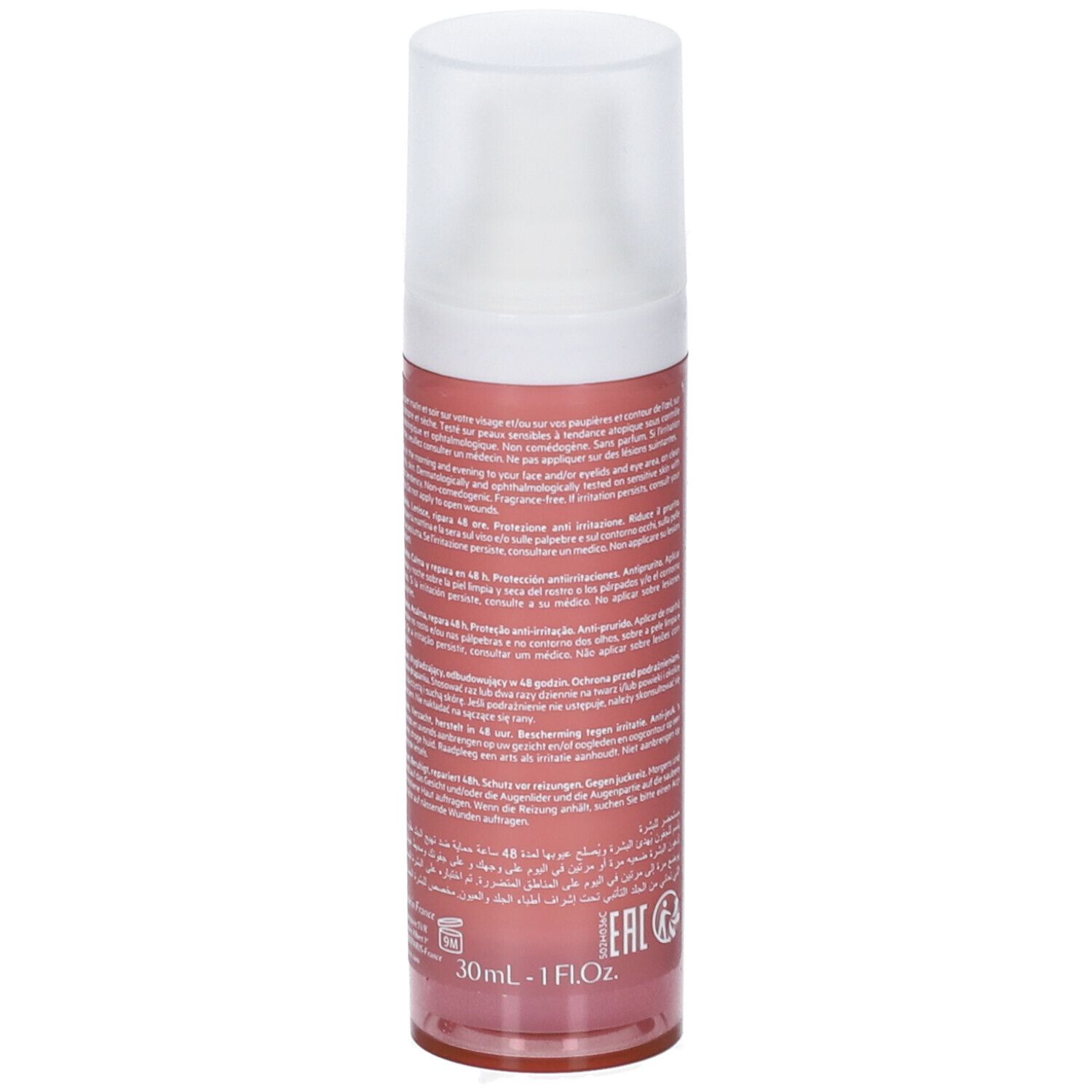 Rosa Flasche mit weißem Deckel. Aufschrift SVR, Baume Palpebral. Text auf Französisch und anderen Sprachen. 30ml.