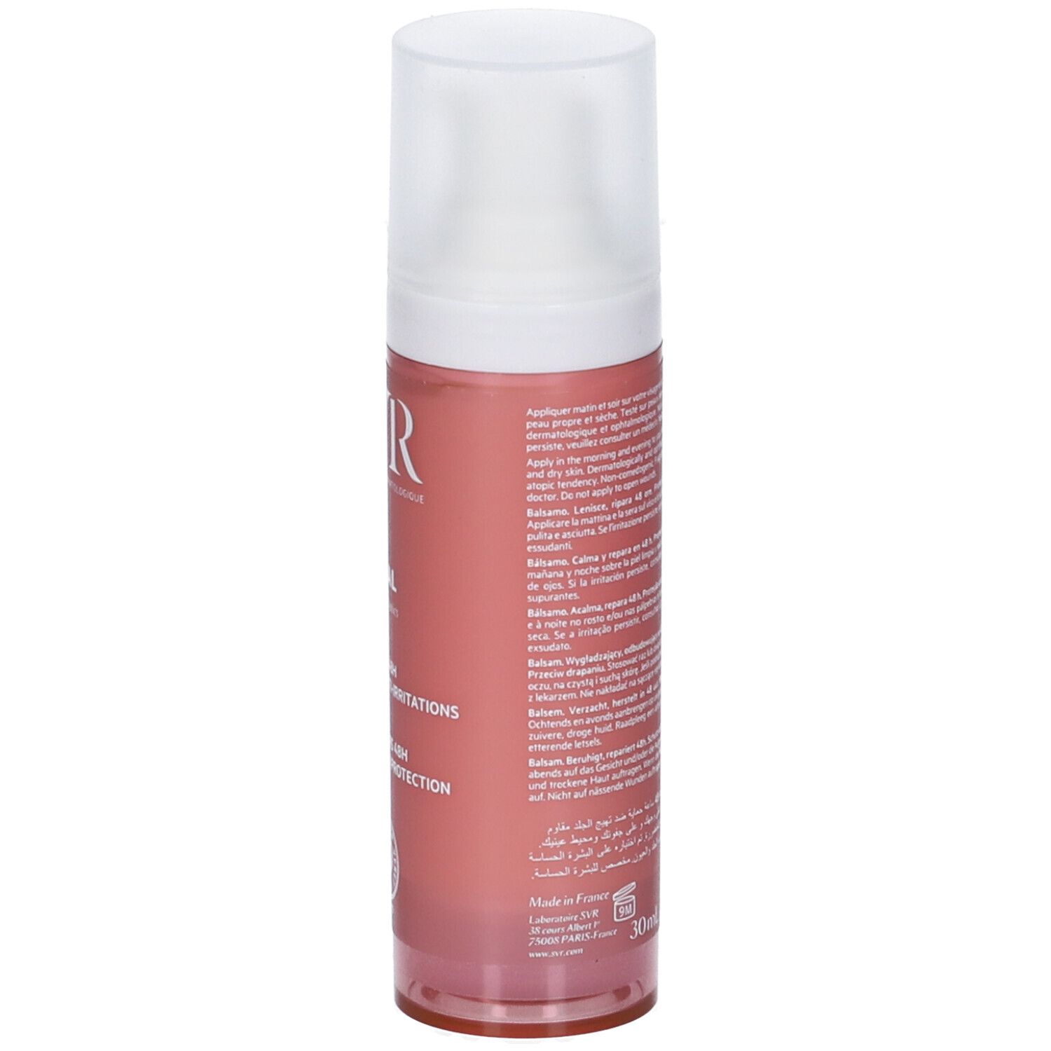 Rosa Flasche mit weißem Deckel. Aufschrift SVR, Baume Palpebral. Text auf Französisch und anderen Sprachen. 30ml.