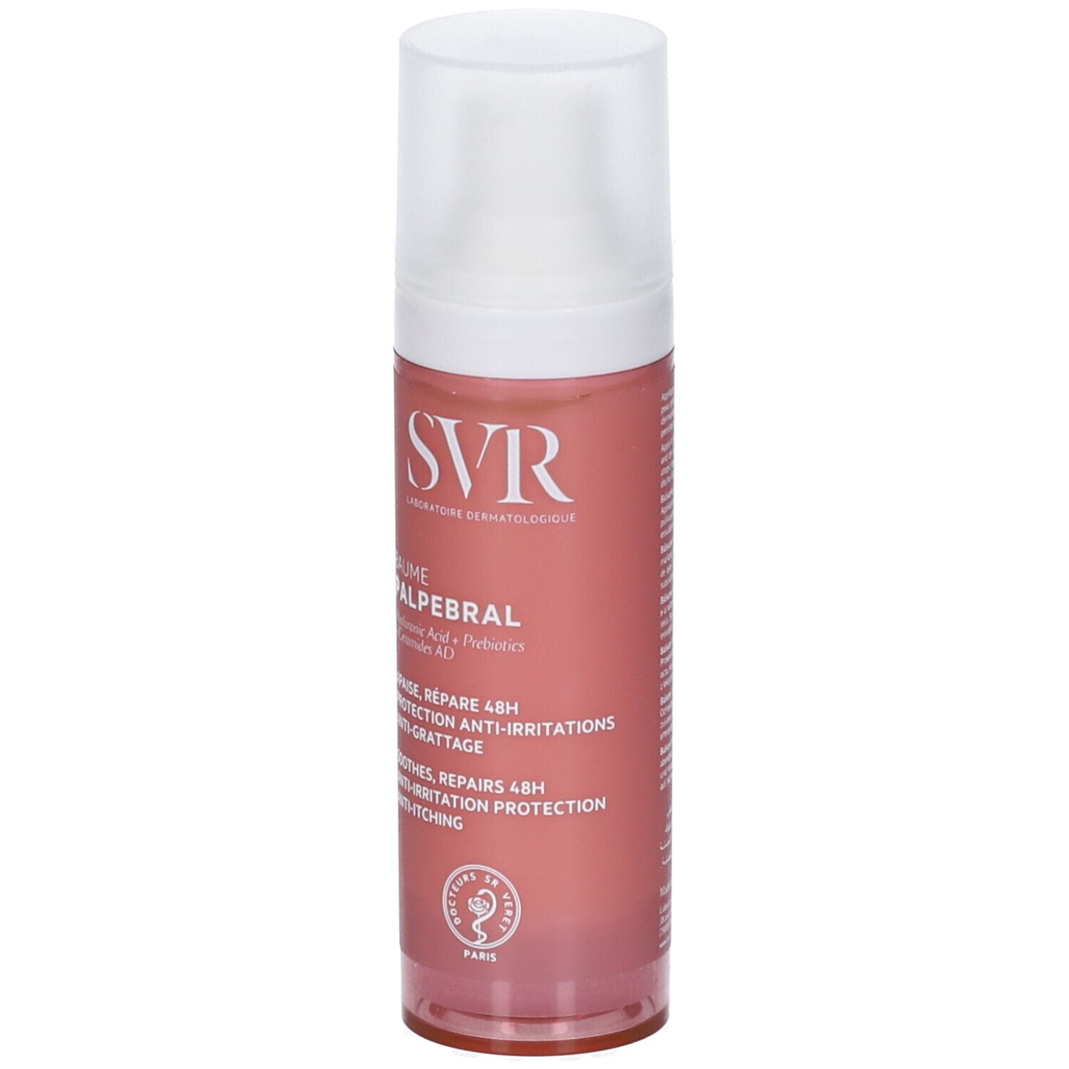 Rosa Flasche mit weißem Deckel. Aufschrift SVR, Baume Palpebral. Text: Apaise, Répare 48H, Protection Anti-Irritations, Anti-Grattage.