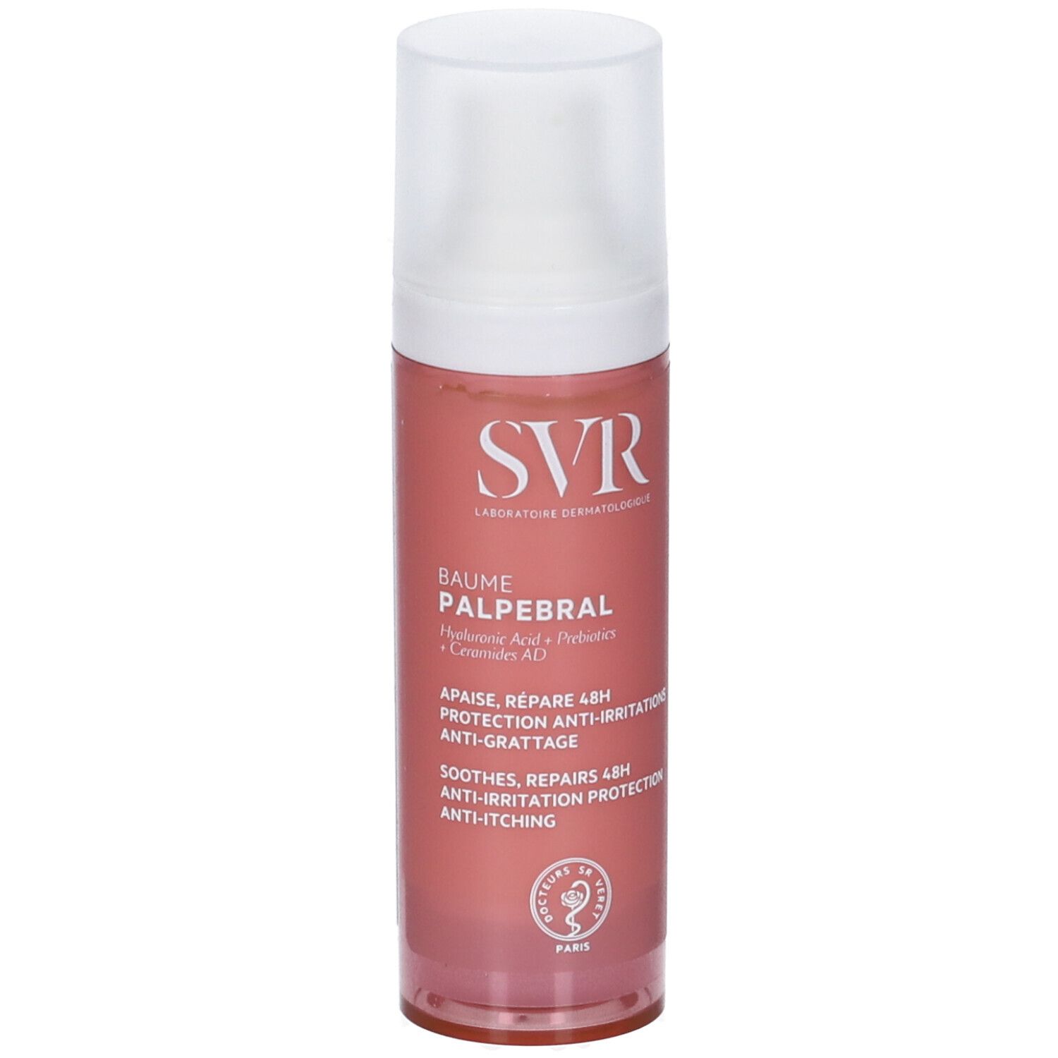 Rosa Flasche mit weißem Deckel. Aufschrift SVR, Baume Palpebral. Text: Apaise, Répare 48H, Protection Anti-Irritations, Anti-Grattage.