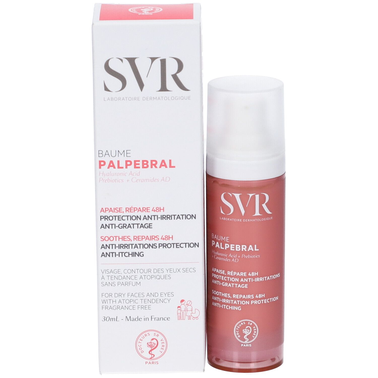 Produkt und Verpackung. Aufschrift SVR, Baume Palpebral. Text: Apaise, Répare 48H, Protection Anti-Irritations, Anti-Grattage.
