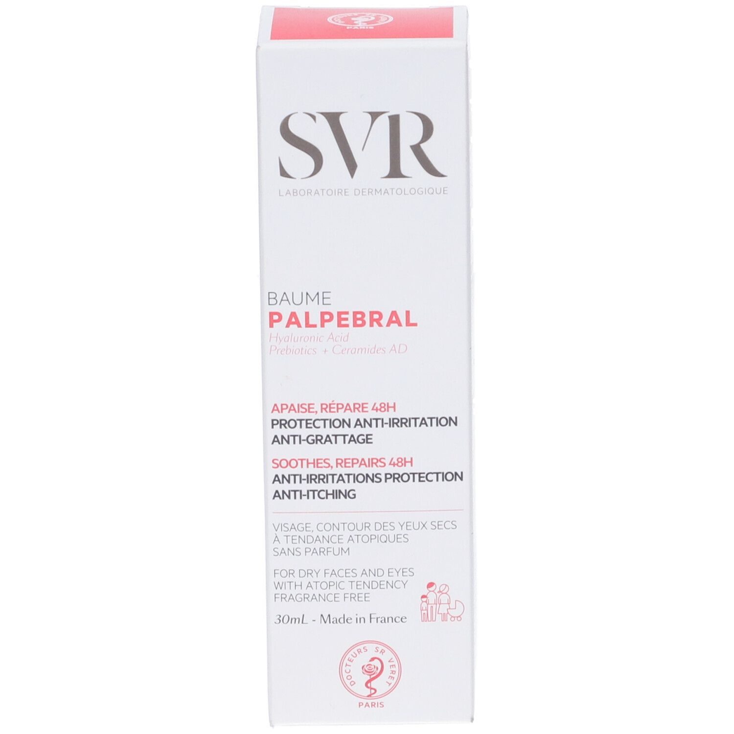 Verpackung. Aufschrift SVR, Baume Palpebral. Text: Apaise, Répare 48H, Protection Anti-Irritations, Anti-Grattage. 30ml.