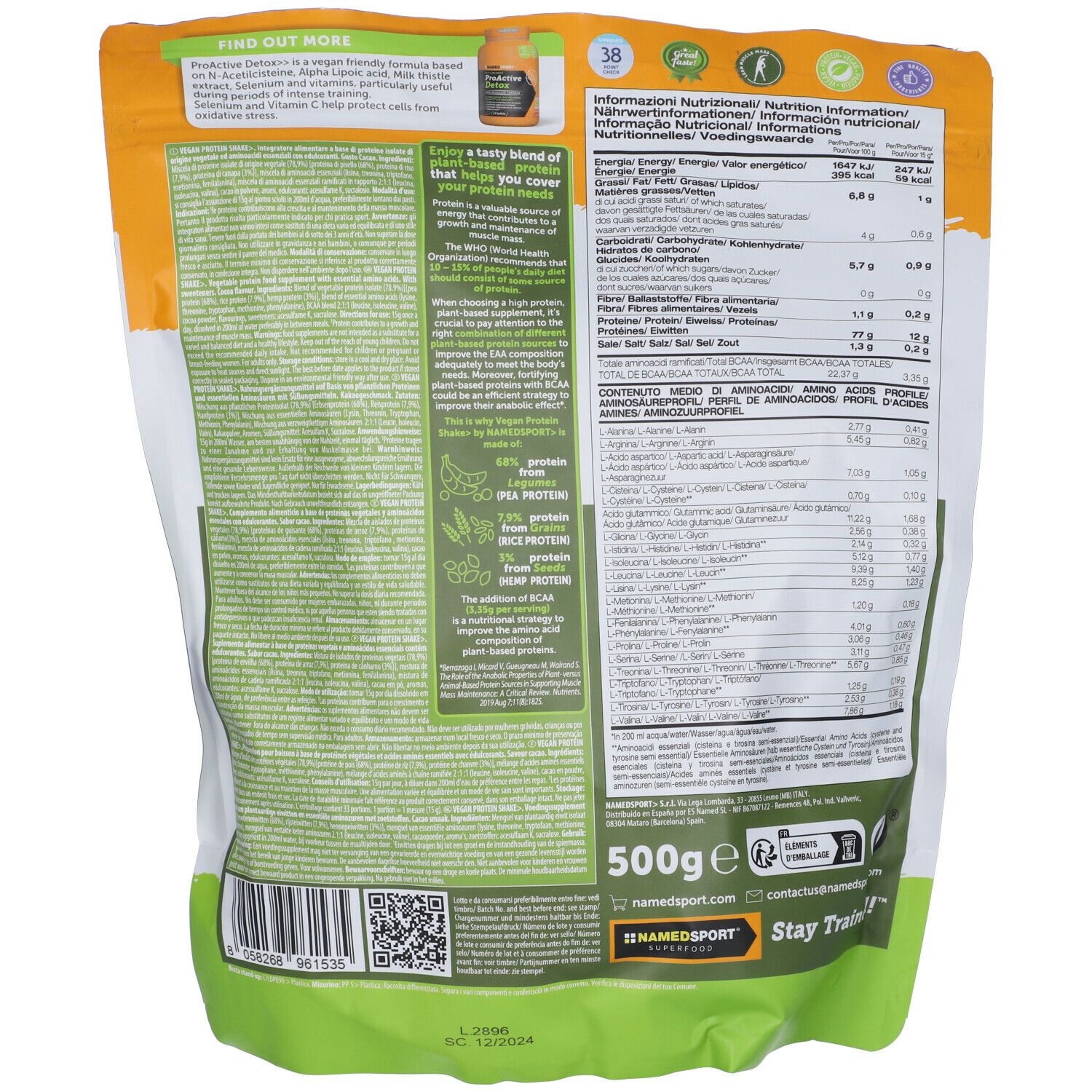 Retro della busta di Vegan Protein Shake. Testo con informazioni nutrizionali e ingredienti. Indicazione 500g.