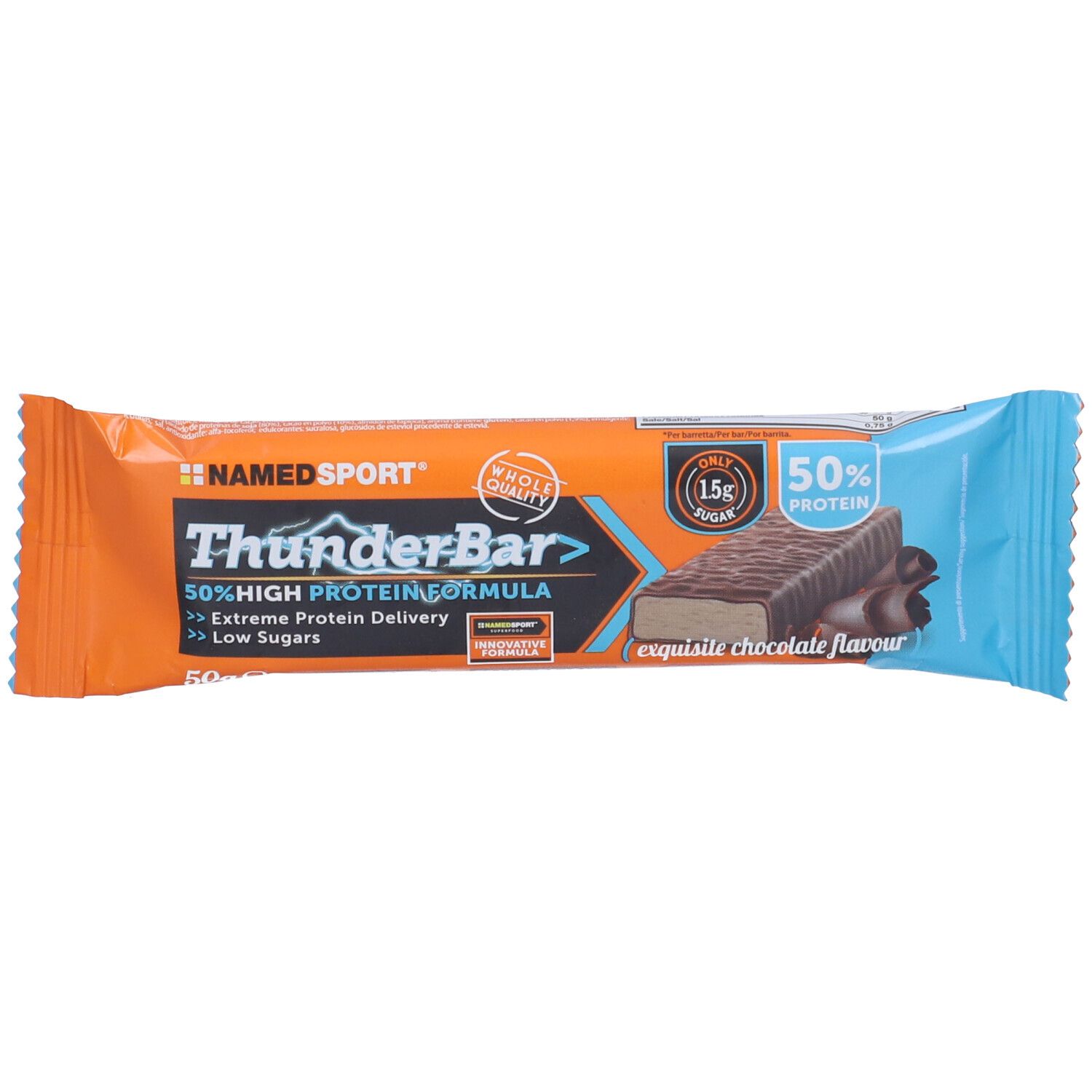 Confezione barretta NAMED SPORT® Thunderbar. Confezione arancione e blu con nome prodotto e informazioni nutrizionali.