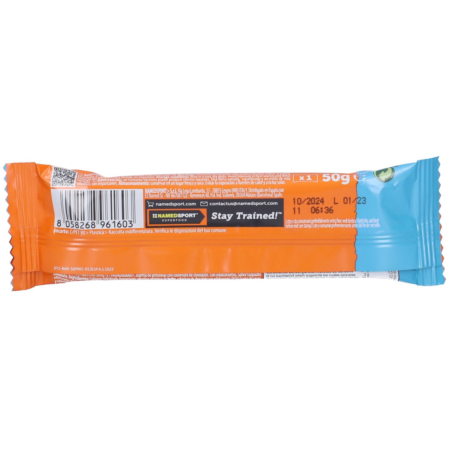 Retro confezione barretta NAMED SPORT® Thunderbar. Arancione con informazioni prodotto, codice a barre e data di scadenza.