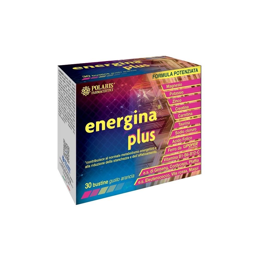 Energina Plus Bustine: scatola da 30 bustine, gusto arancia. Contiene vitamine, minerali ed estratti vegetali.