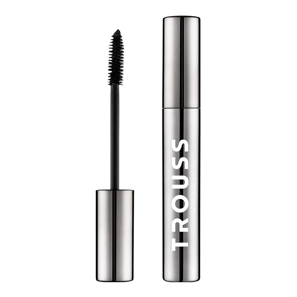 Tubo mascara argento con spazzola nera. Marchio: TROUSS. Prodotto: Mascara Lash Curler.