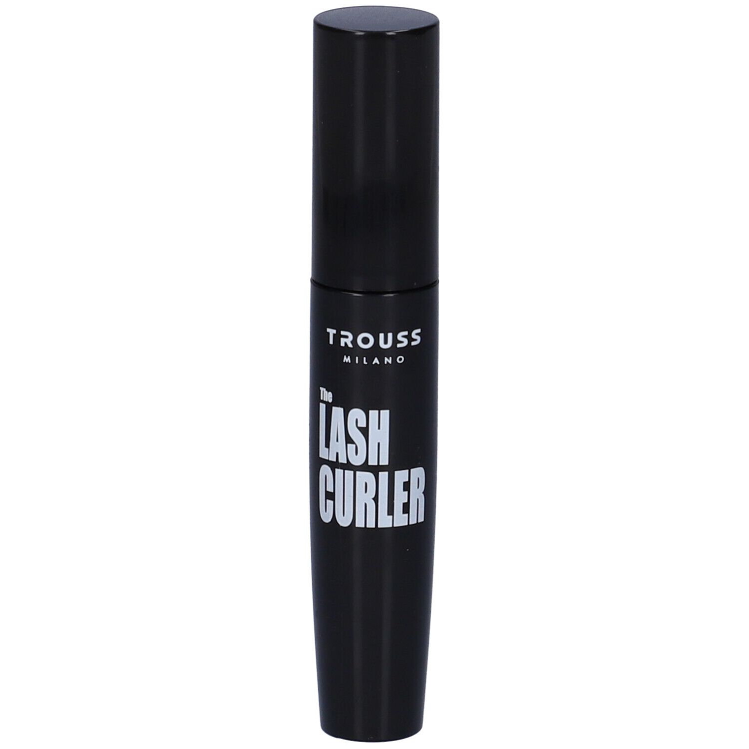 Tubo mascara nero con scritta bianca: The Lash Curler. Marchio: TROUSS MILANO.