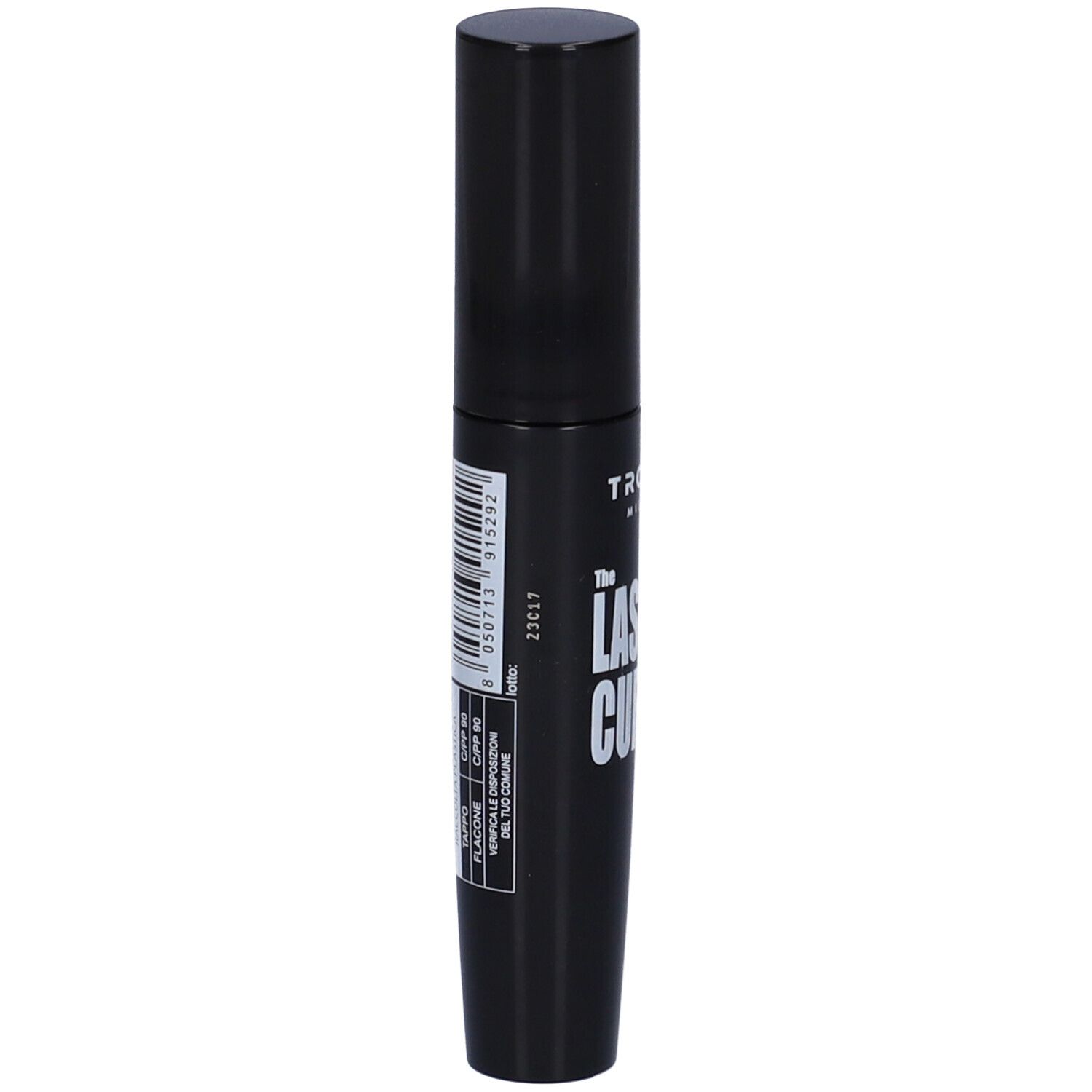 Tubo mascara nero con codice a barre e testo. Marchio: TROUSS MILANO. Prodotto: The Lash Curler.