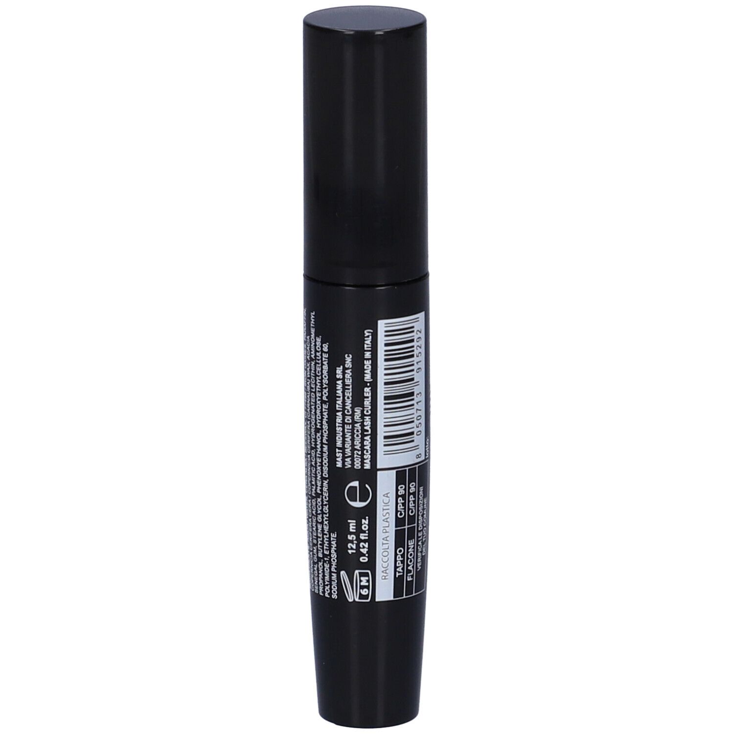 Tubo mascara nero con testo. Marchio: TROUSS MILANO. Prodotto: The Lash Curler. Volume: 12,5 ml.