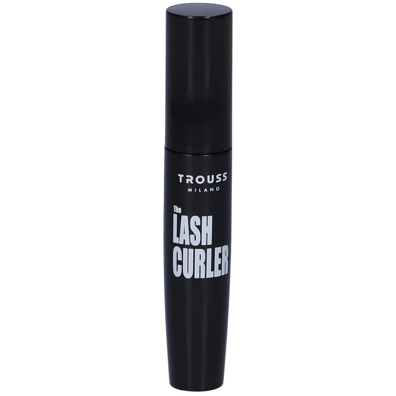 Tubo mascara nero con scritta bianca: The Lash Curler. Marchio: TROUSS MILANO.