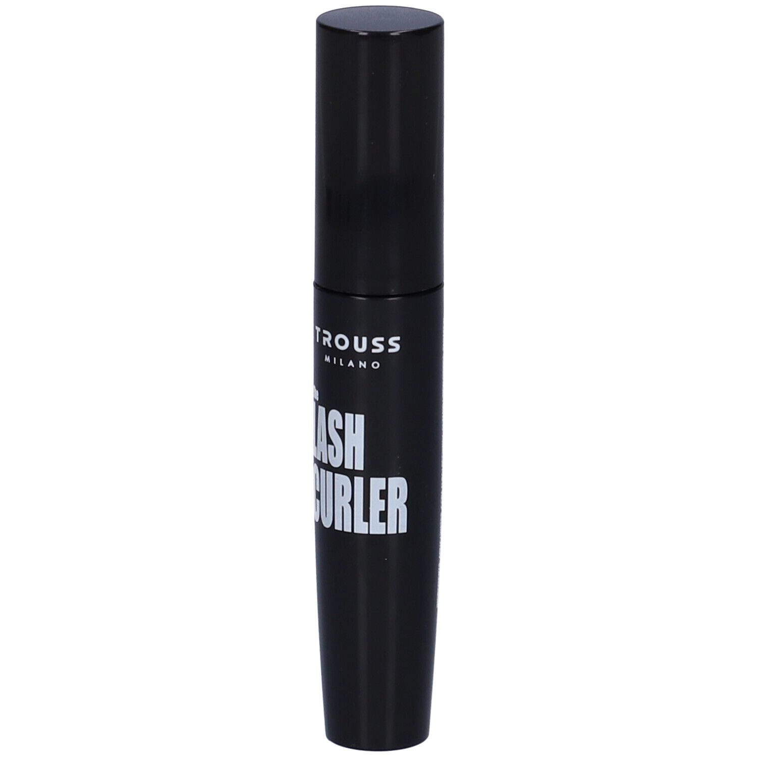 Tubo mascara nero con scritta bianca: The Lash Curler. Marchio: TROUSS MILANO.