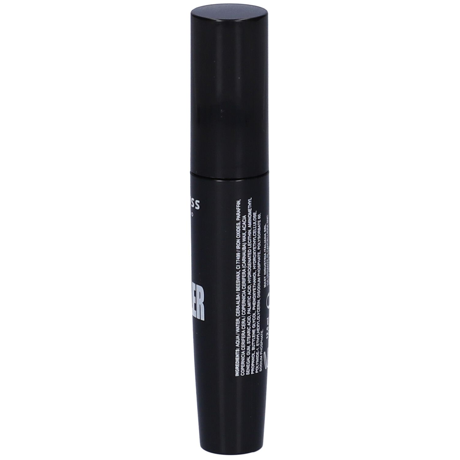 Tubo mascara nero con testo. Marchio: TROUSS MILANO. Prodotto: The Lash Curler. Ingredienti.
