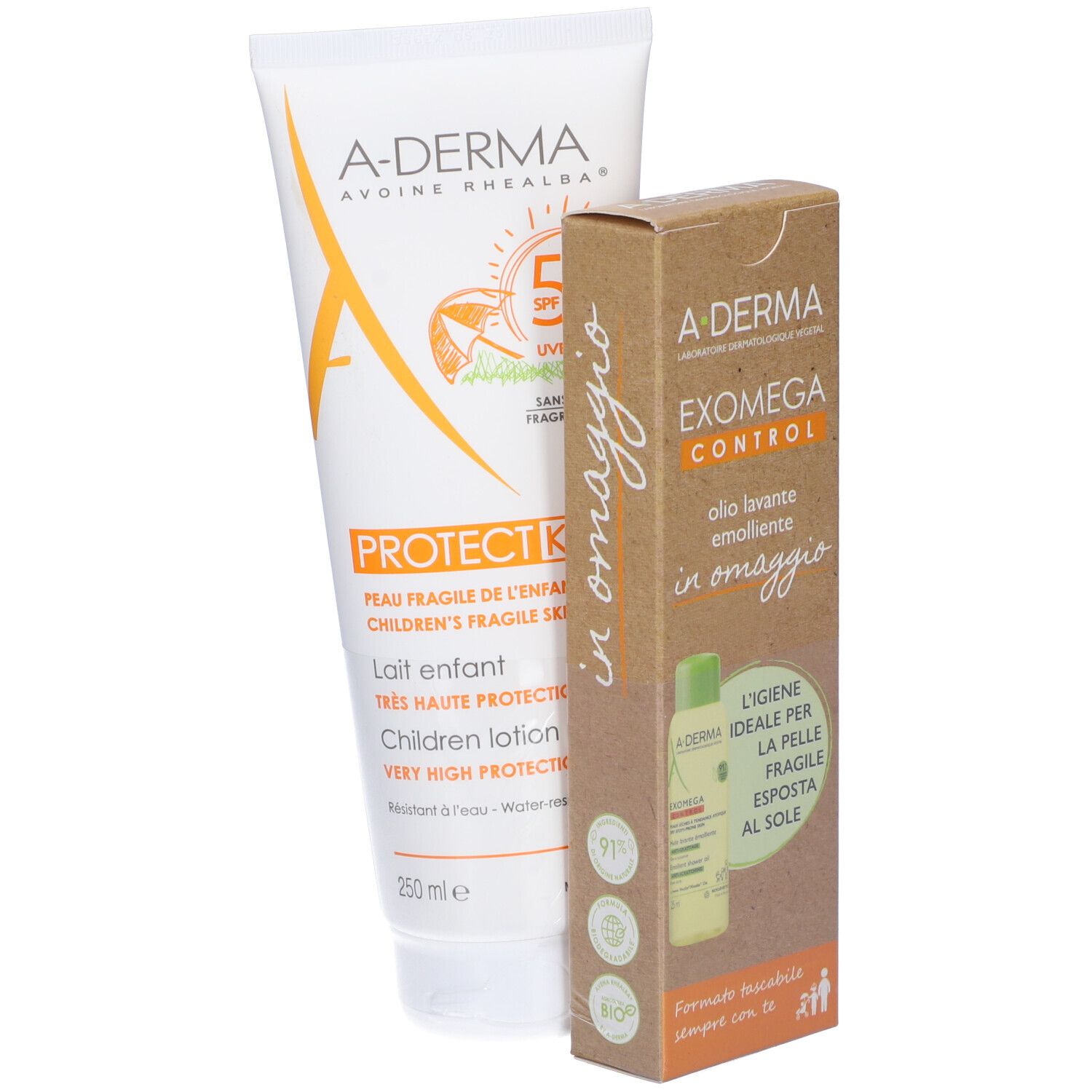 A-DERMA Protect Kids Latte Solare SPF50+ Bambino + Exomega Control Olio Lavante Emolliente in Omaggio