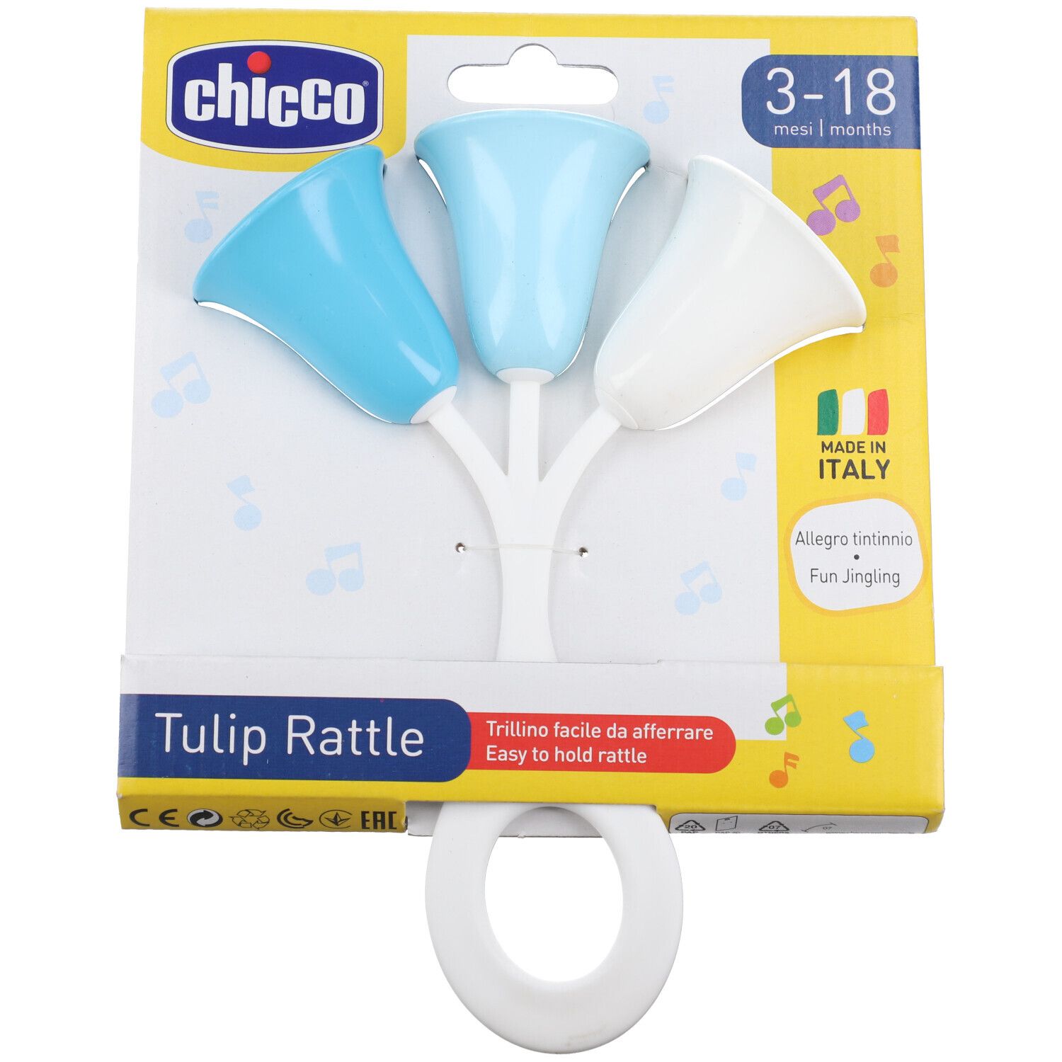 Sonaglio a tulipano Chicco blu, azzurro e bianco con manico bianco.