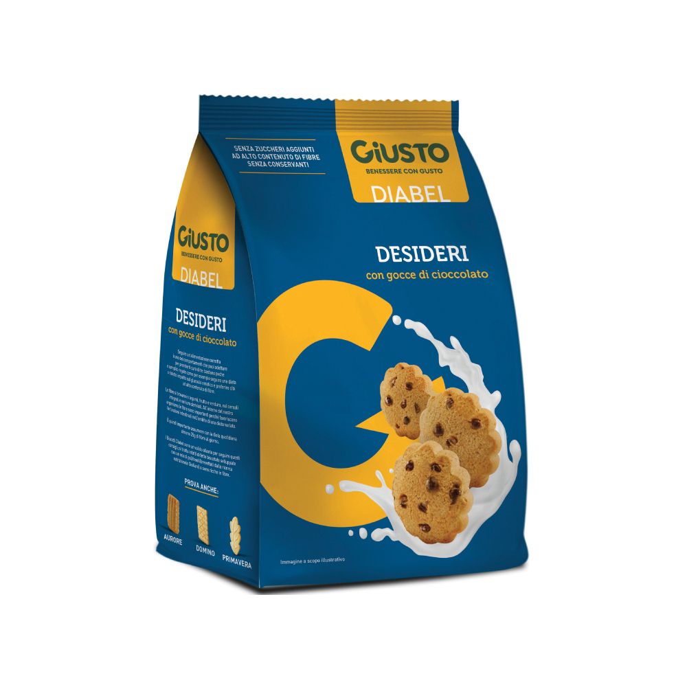 Confezione blu con biscotti con gocce di cioccolato. Scritta: Giusto Diabel Desideri. Logo giallo con latte bianco.