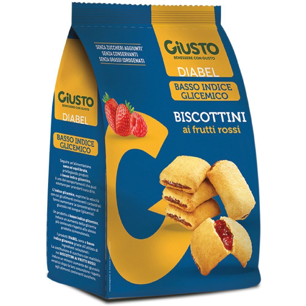 Confezione di Giusto Diabel Biscottini Frutti Rossi. Confezione blu con nome del prodotto e illustrazione di fragole.
