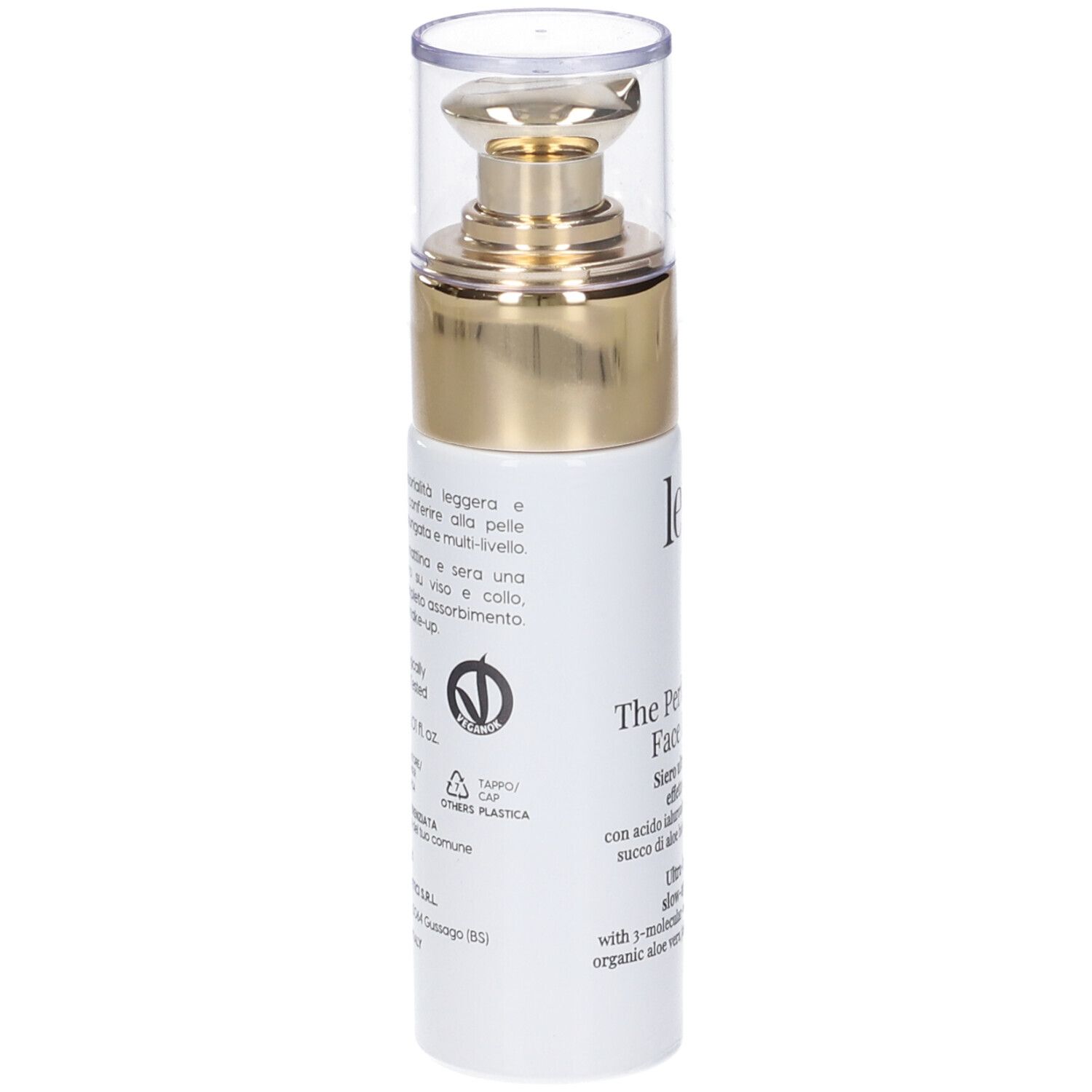 Siero booster viso. Flacone bianco con tappo dorato. Retro con testo e logo.