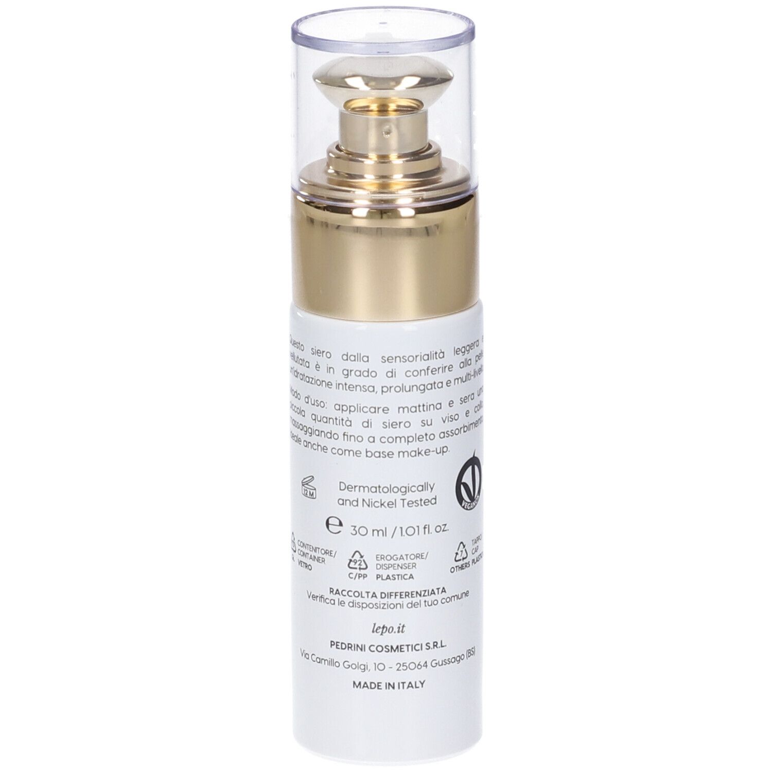 Siero booster viso. Flacone bianco con tappo dorato. Retro con testo e logo.