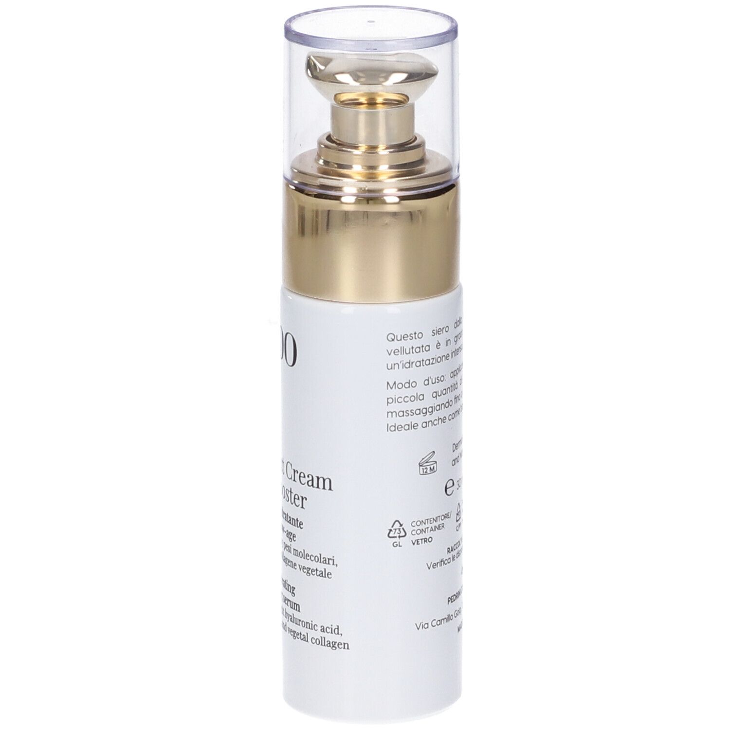 Siero booster viso. Flacone bianco con tappo dorato. Nome del prodotto e testo visibili.