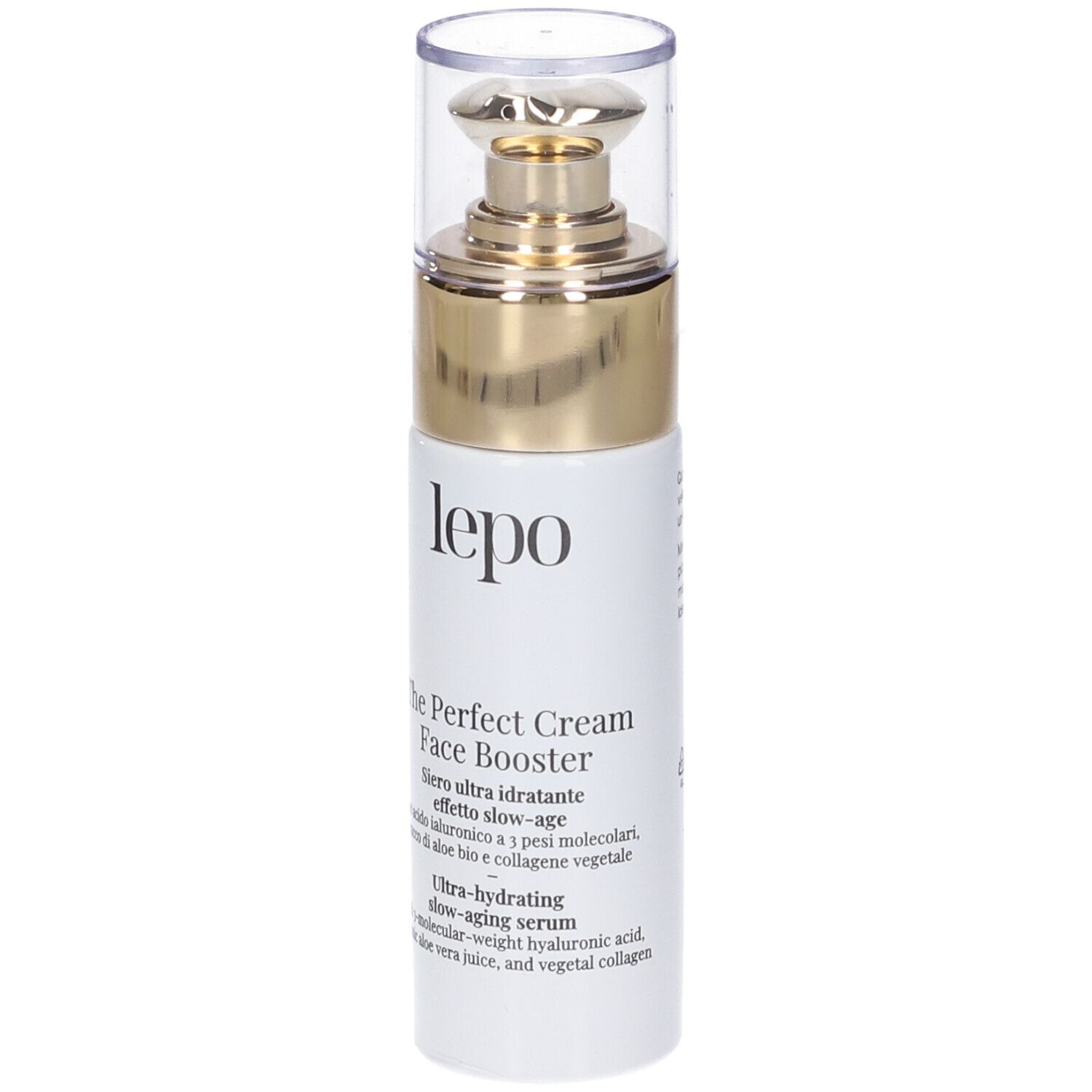 Siero booster viso. Flacone bianco con tappo dorato. Nome del prodotto e testo visibili.