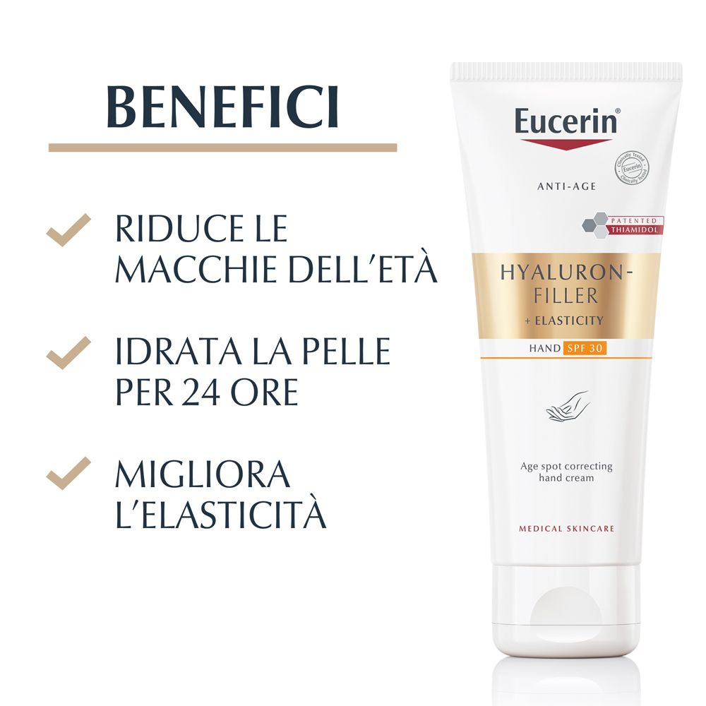 Crema mani Eucerin, benefici: riduce le macchie, idrata 24h, migliora l'elasticità.