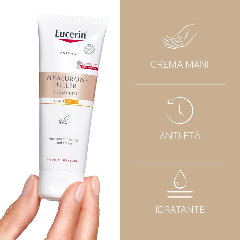 Crema mani Eucerin Hyaluron-Filler + Elasticity, tubo in mano, con icone.