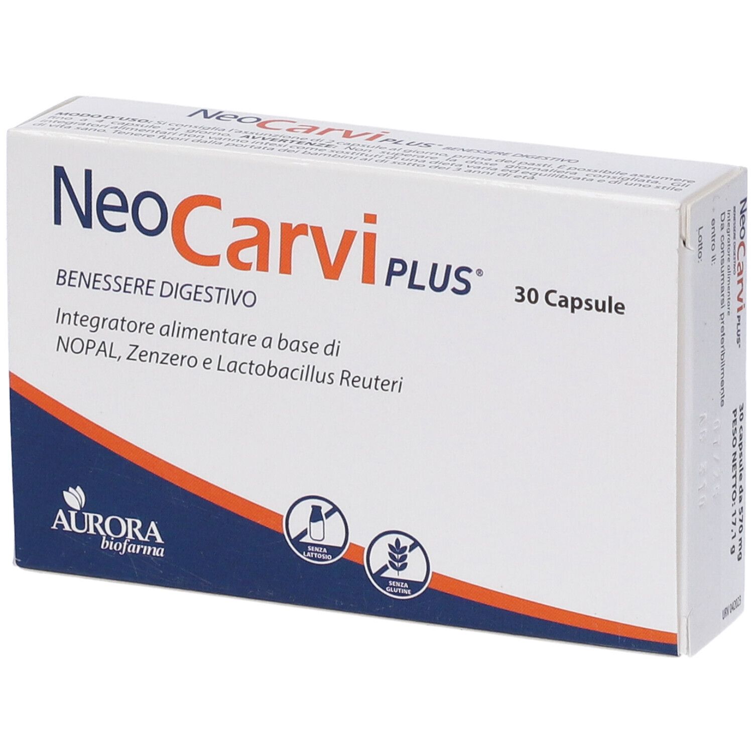 Scatola NeoCarvi PLUS, 30 capsule. Scritta: BENEESERE DIGESTIVO. Logo Aurora biofarma.
