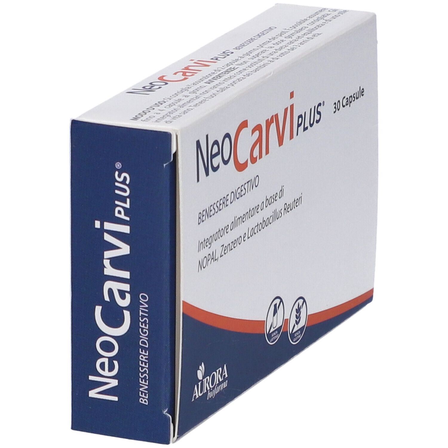 Scatola NeoCarvi PLUS, 30 capsule. Scritta: BENEESERE DIGESTIVO. Logo Aurora biofarma. Lato blu con nome del prodotto.