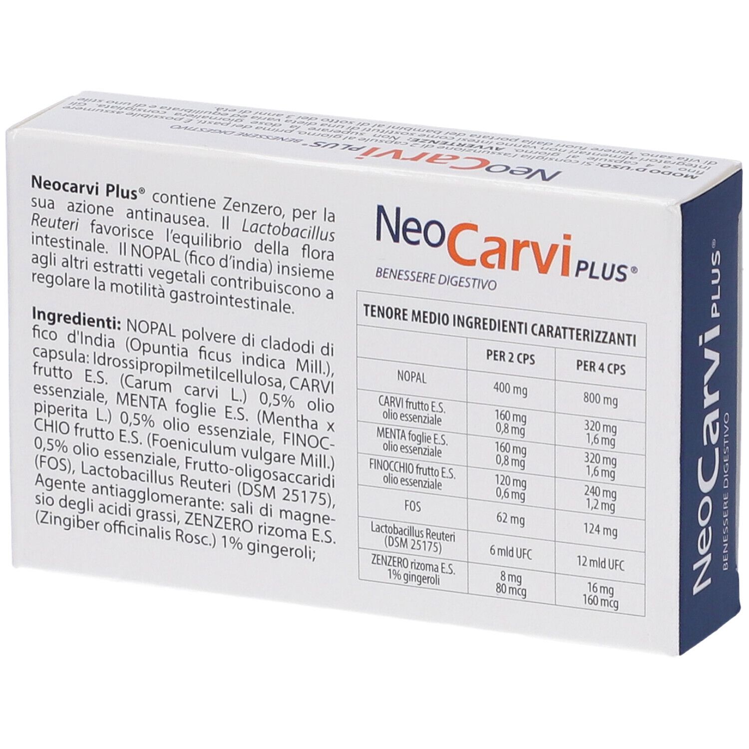 Retro della scatola NeoCarvi PLUS. Contiene informazioni sugli ingredienti e i valori nutrizionali. Testo in italiano.